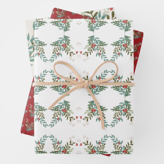 Festive Botanical Floral Christmas Traditional Red Wrapping Paper Sheets (In situ)