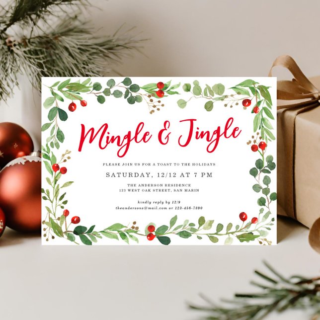 Festive Botanical Mingle & Jingle Christmas Party Holiday Card (Creator Uploaded)