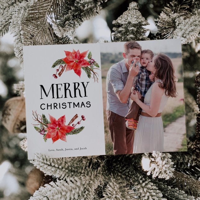 Festive Botanical Poinsettia Christmas Photo Holiday Card (Creator Uploaded)