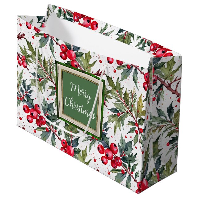 Festive Boughs of Holly Botanical Medium Gift Bag (Front Angled)