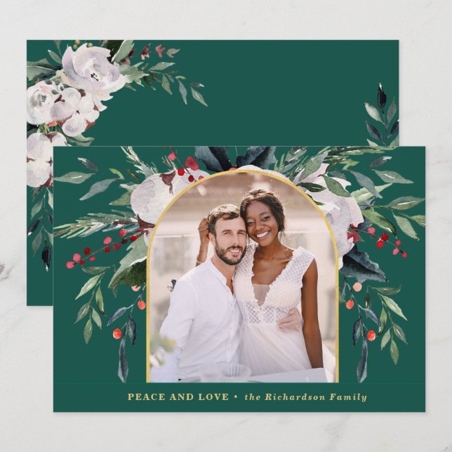 Festive Bounty | Greenery and Berries One Photo Holiday Card (Front/Back)