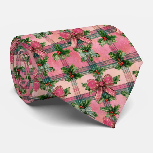 Festive Bow and Holly Christmas Pattern  Neck Tie (Rolled)