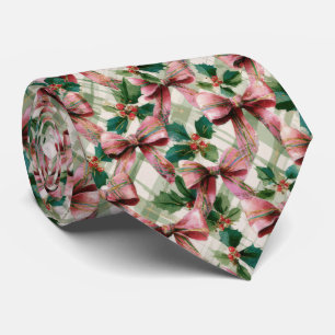 Festive Bow and Holly Christmas Pattern Neck Tie