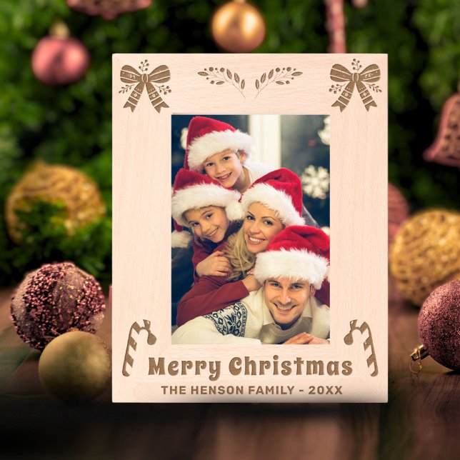 Festive Bow Candy Cane Christmas Family Photo Engraved Frames (Creator Uploaded)