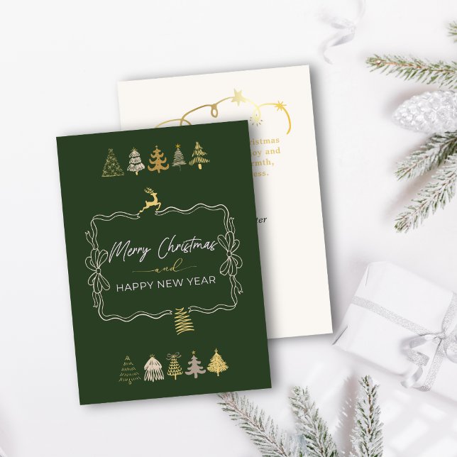 Festive Bow & Chic Trees Doodle Green Holiday Card (Festive Bow & Chic Trees Doodle Green Holiday Card)