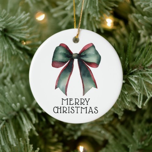 Festive Bow Modern Custom Photo Merry Christmas Ceramic Ornament