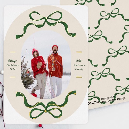 Festive Bows Cream  Green Real Gold Oval Photo Foil Holiday Card