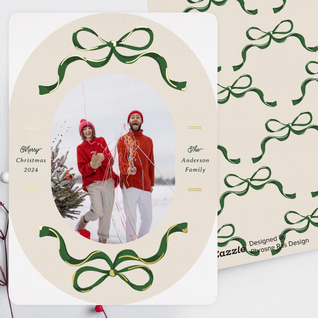 Festive Bows Cream & Green Real Gold Oval Photo Foil Holiday Card (Creator Uploaded)