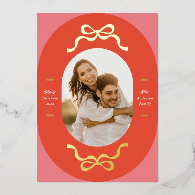 Festive Bows in Real Gold Oval Shape Photo Holiday (Front)