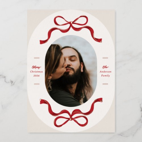 Festive Bows in Red Rose Gold Oval Photo Holiday