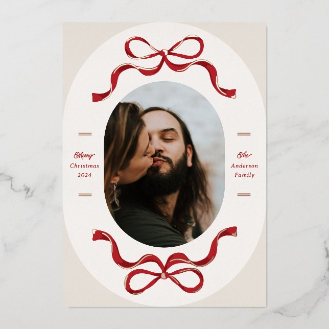 Festive Bows in Red Rose Gold Oval Photo Holiday (Front)