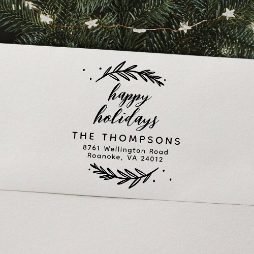 Festive Branches Happy Holidays Return Address Rubber Stamp