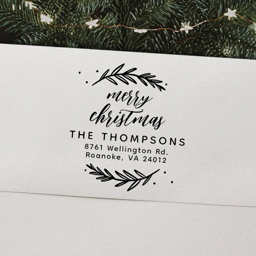 Festive Branches Merry Christmas Return Address Rubber Stamp