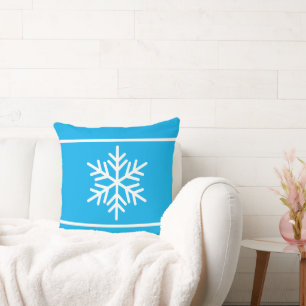 Festive Bright Azure Blue White Stripes Snowflakes Throw Pillow