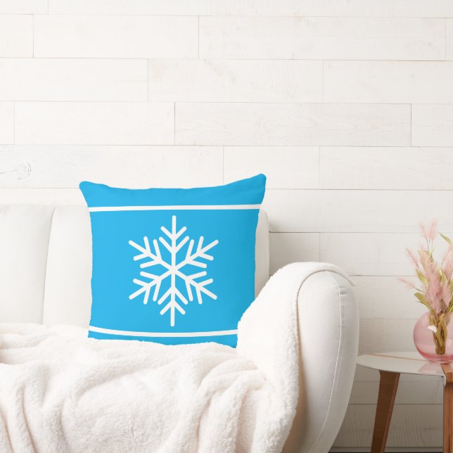 Festive Bright Azure Blue White Stripes Snowflakes Throw Pillow (Couch)