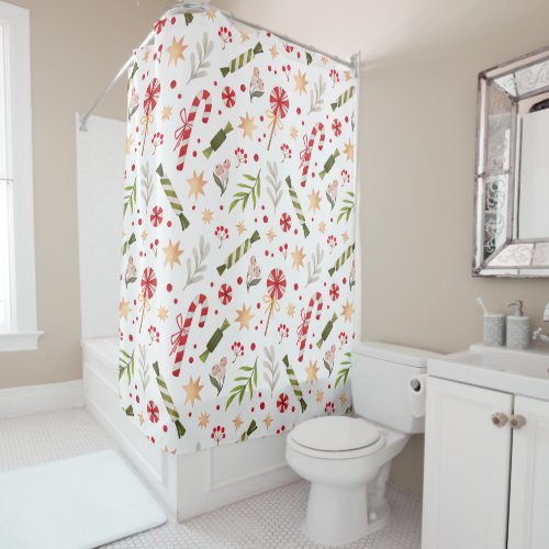 Festive Bright Christmas Candy on White Shower Curtain