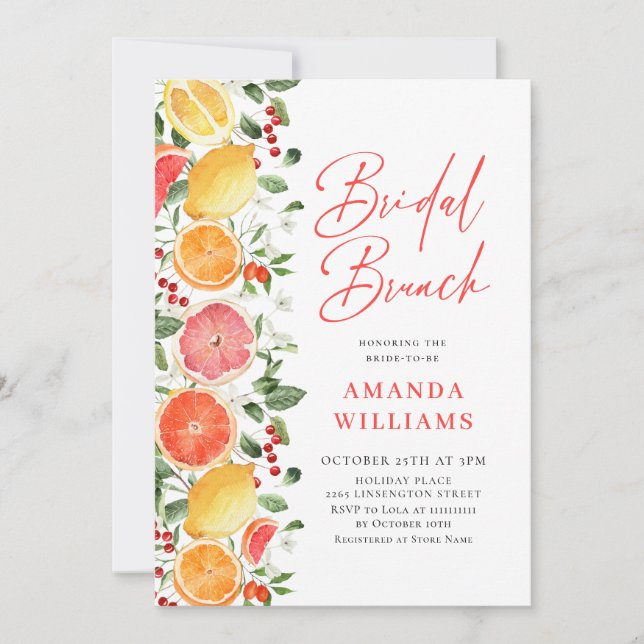 Festive Bright Floral Citrus Slice Bridal Brunch Invitation (Front)