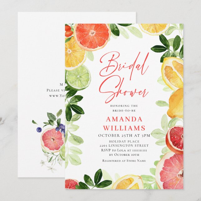 Festive Bright Floral Citrus Slice Bridal Shower Invitation (Front/Back)