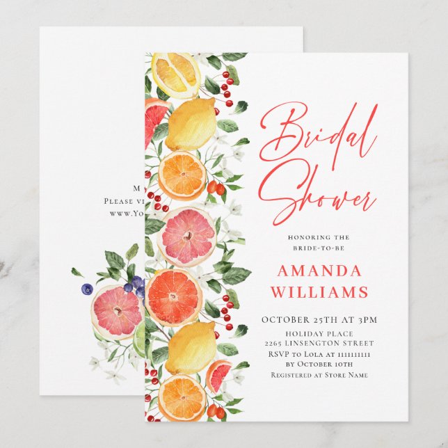 Festive Bright Floral Citrus Slice Bridal Shower Invitation (Front/Back)