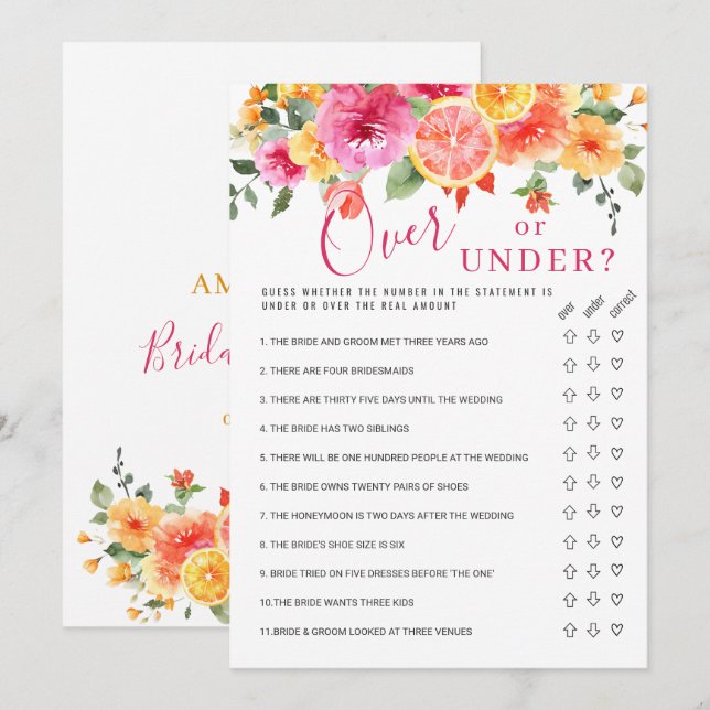 Festive Bright Flowers Citrus Bridal Game Card (Front/Back)