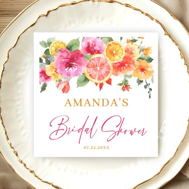 Festive Bright Flowers Slice Citrus Bridal Shower Napkins (Creator Uploaded)