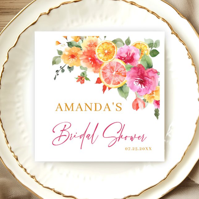 Festive Bright Flowers Slice Citrus Bridal Shower Napkins (Creator Uploaded)