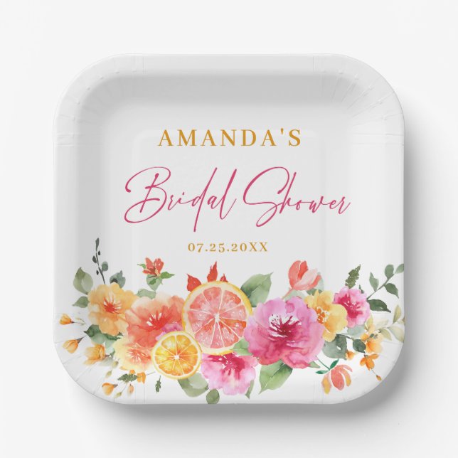 Festive Bright Flowers Slice Citrus Bridal Shower Paper Plates (Front)