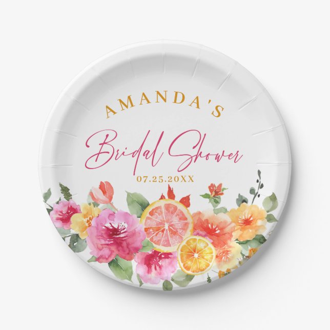 Festive Bright Flowers Slice Citrus Bridal Shower Paper Plates (Front)