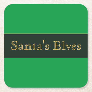 Festive Bright Green Stripes "Santa's Elves" Text Square Paper Coaster