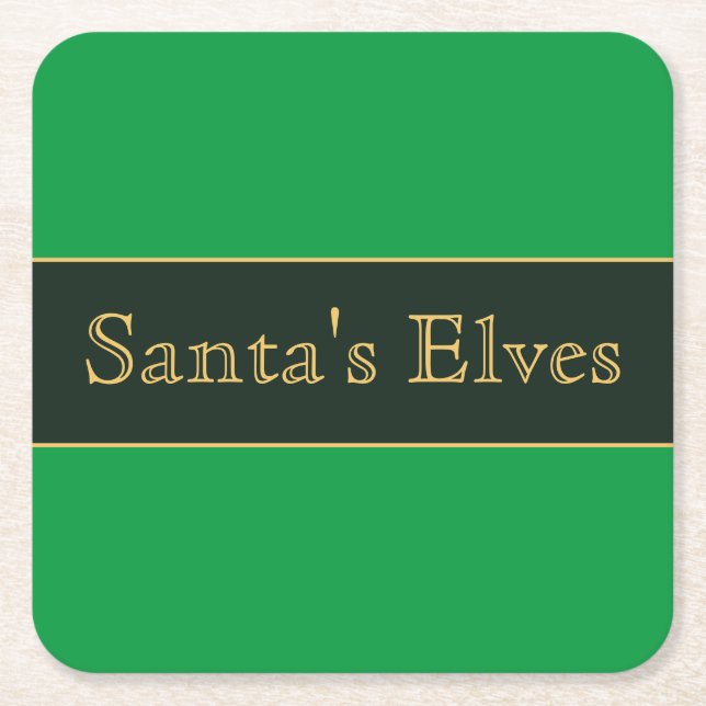 Festive Bright Green Stripes "Santa's Elves" Text Square Paper Coaster (Front)