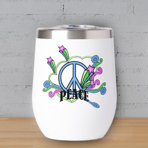 Festive Bright Peace Sign With scrolls Pink Stars Thermal Wine Tumbler