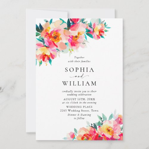 Festive Bright Pink Orange Flowers Wedding Invitation