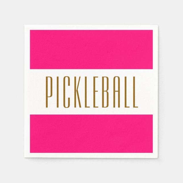 Festive Bright Pink White Stripes PICKLEBALL Text  Napkins (Front)