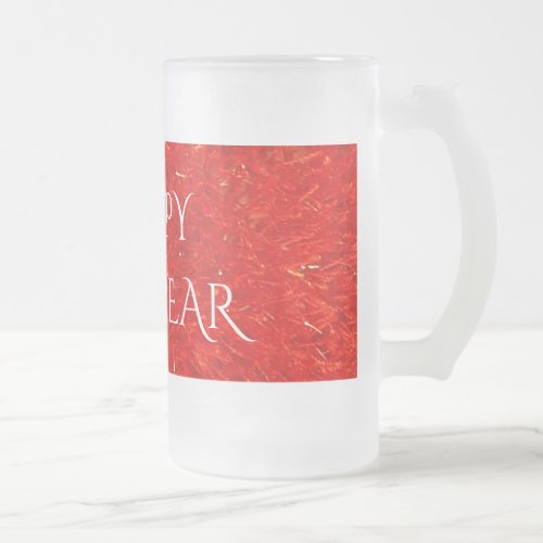 Festive Bright Red Color Happy New Year Text Frosted Glass Beer Mug