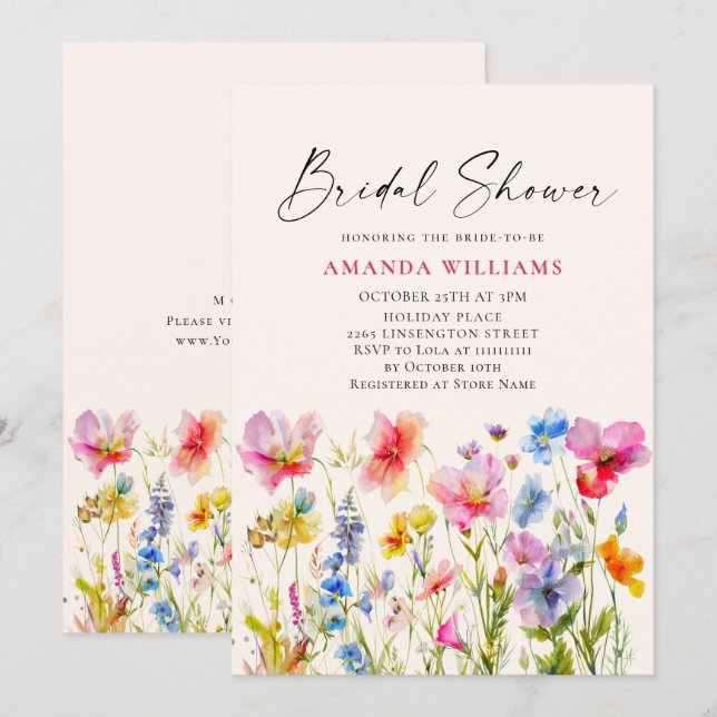 Festive Bright Watercolor Flowers Bridal Shower Invitation (Front/Back)