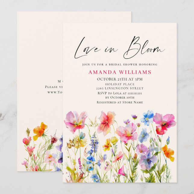 Festive Bright Watercolor Flowers Bridal Shower Invitation (Front/Back)