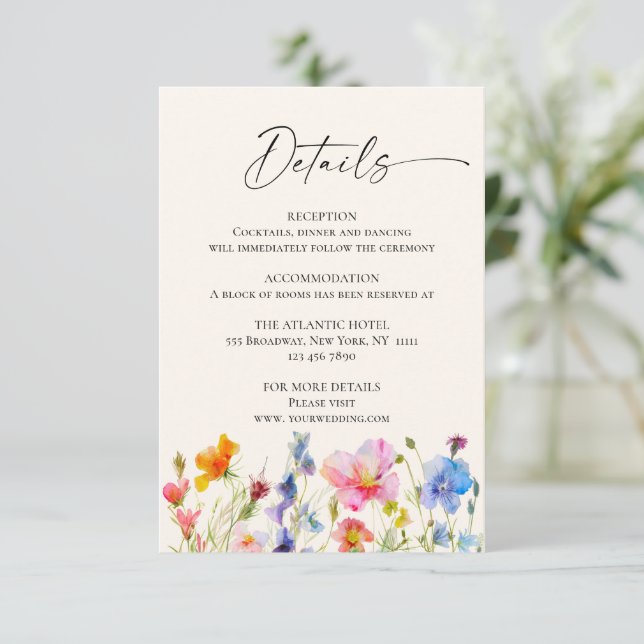 Festive Bright Watercolor Flowers Details Enclosure Card (Standing Front)