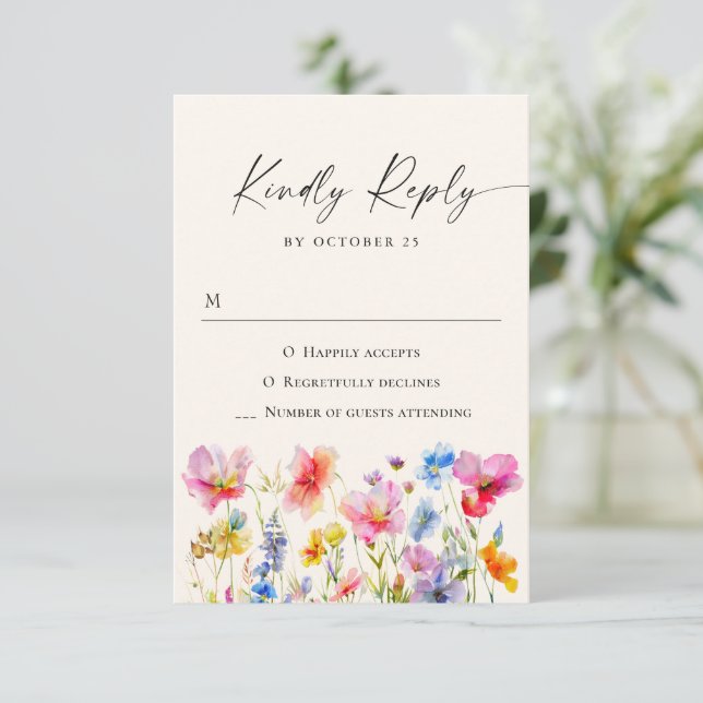 Festive Bright Watercolor Flowers Wedding RSVP Card (Standing Front)