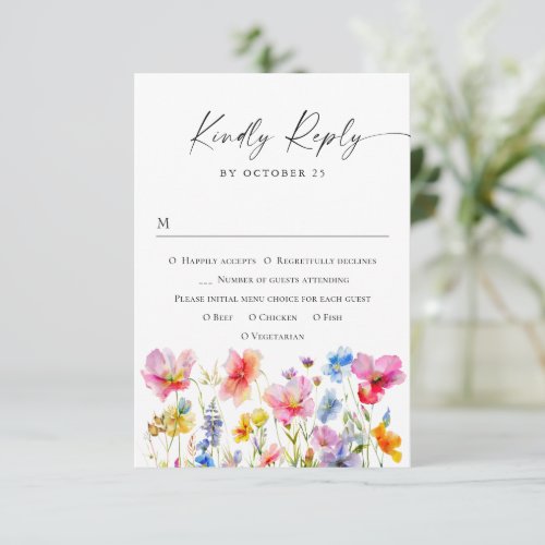 Festive Bright Watercolor Flowers Wedding RSVP Card