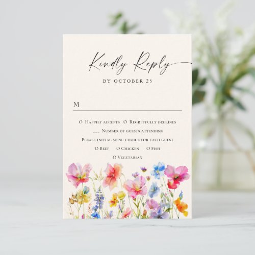 Festive Bright Watercolor Flowers Wedding RSVP Card