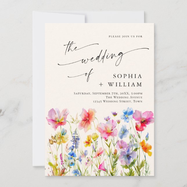 Festive Bright Watercolor Wild Flowers Wedding Invitation (Front)