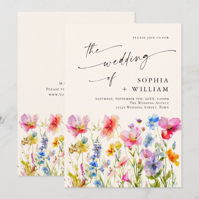 Festive Bright Watercolor Wild Flowers Wedding Invitation (Front/Back)