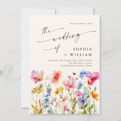 Festive Bright Watercolor Wild Flowers Wedding Invitation