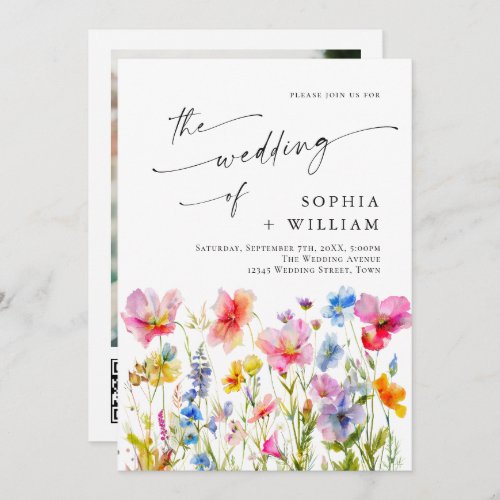 Festive Bright Watercolor Wild Flowers Wedding Invitation