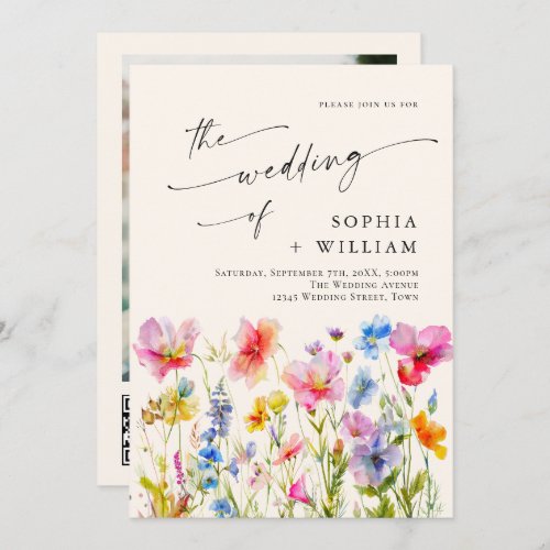 Festive Bright Watercolor Wild Flowers Wedding Invitation