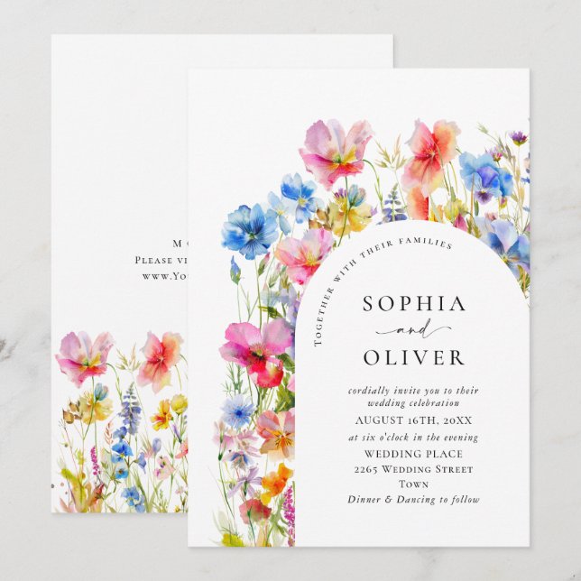 Festive Bright Watercolor Wild Flowers Wedding Invitation (Front/Back)