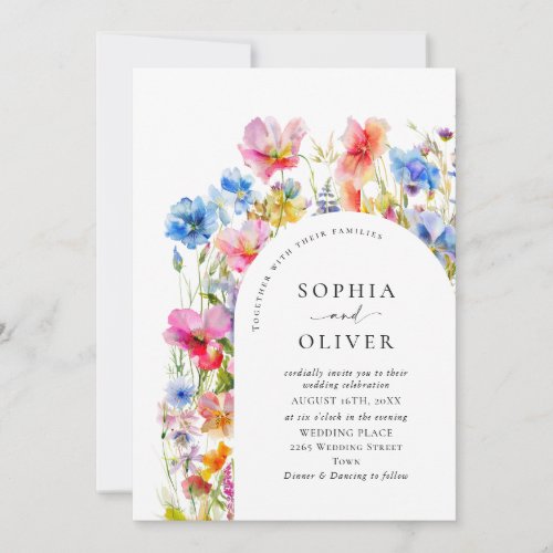 Festive Bright Watercolor Wild Flowers Wedding Invitation