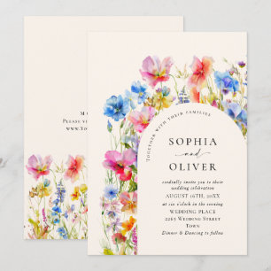 Festive Bright Watercolor Wild Flowers Wedding Invitation