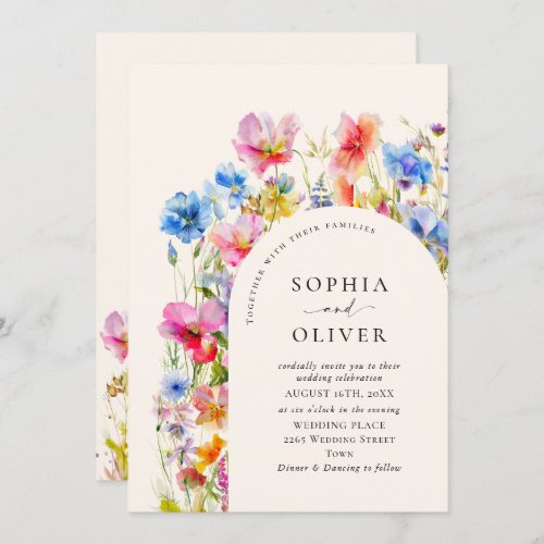 Festive Bright Watercolor Wild Flowers Wedding Invitation