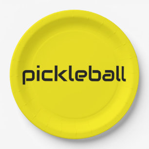 Festive Bright Yellow Modern Black PICKLEBALL Text Paper Plates